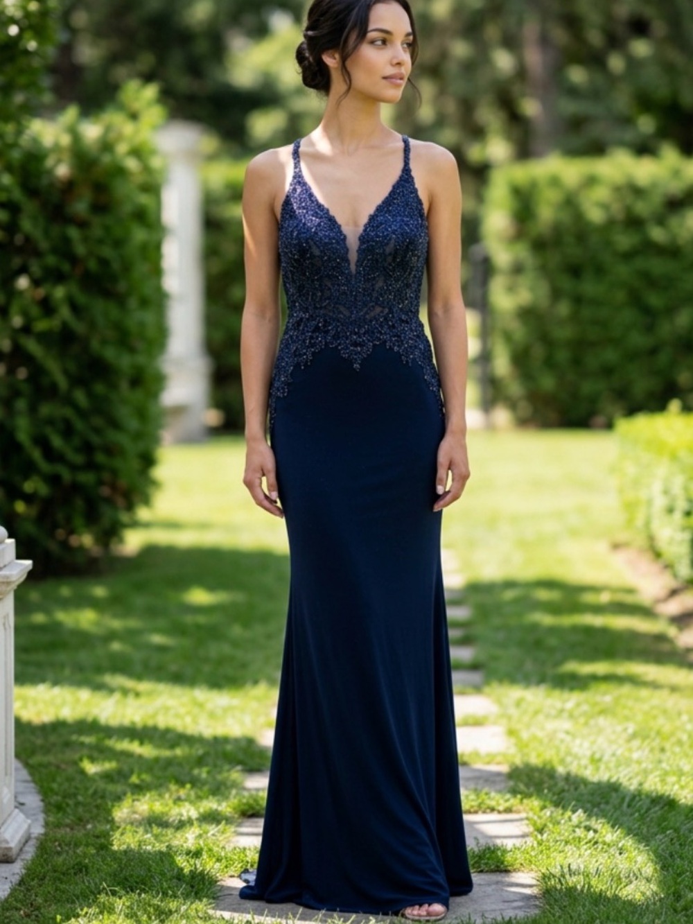 MORILEE Navy Lace V-Neck Prom Dress - new with tags